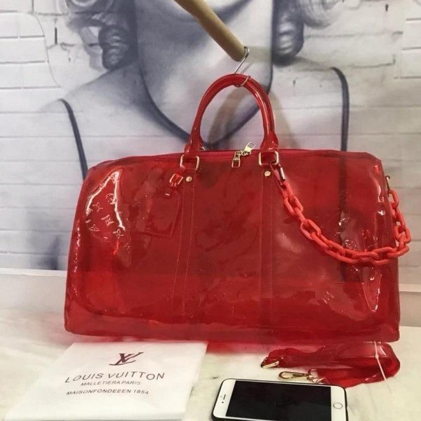 Louis Vuitton Keepall Bandouliere 50 Red Transparent Travel Duffle Bag With Dust Bag (L-810)(LB) - Image 3