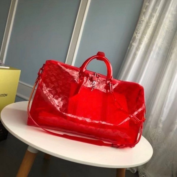 Louis Vuitton Keepall Bandouliere 50 Red Transparent Travel Duffle Bag With Dust Bag (L-810)(LB)