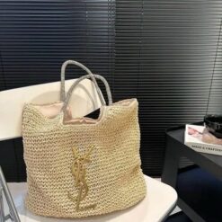 Alternative view of YSL Saint Laurent ICare Raffia Jute Tote Bag With OG Box & Dust Bag (Beige - 992)(BSB)