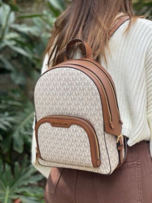 Michael Kors Double Zipper Backpack With Dust Bag (22M07-Beige_Brown)(LB) - Image 7