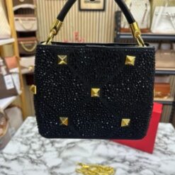 Alternative view of VALENTIN O RHINESTONE LAVIE HANDBAG WITH BOX CARD DUST BAG (BLACK)(MT)